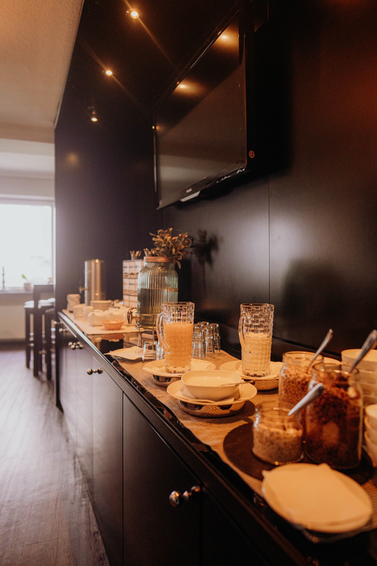 Juices, yoghurt and muesli at the breakfast buffet